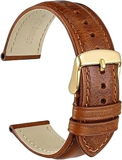 22mm Vintage Leather Watch Band for Men and Women, Gold Buckle (Gold Brown)