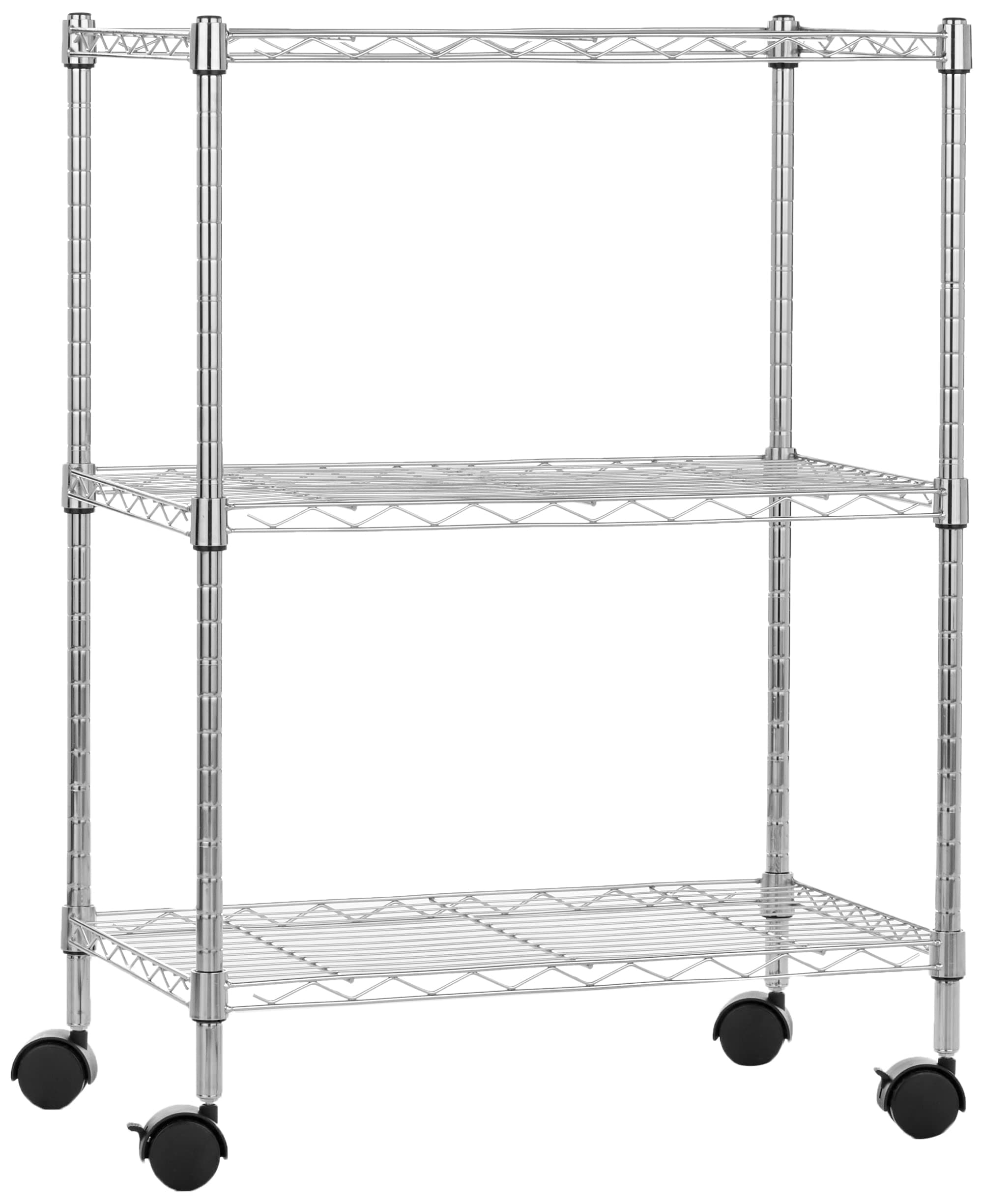 3-Shelf Narrow Storage Unit On Wheels With Height Adjustable Shelves and Levelling Feet, 340 kg Max Weight, Chrome, 34 cm D x 58.9 cm W x 83.2 cm H