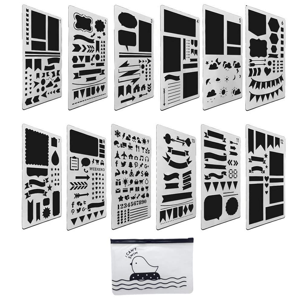 Journal Stencil Set Plastic Planner Stencils 12 Pieces New Design Sheets DIY Journal Accessories for Travel Journal Work Schedule Scrapbook Notebook and Christmas Gift Card, Sirensky