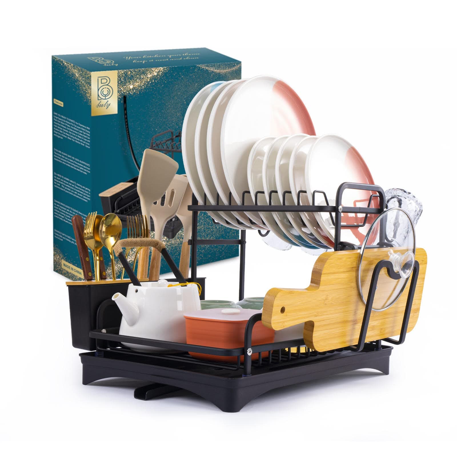 Dish Drying Stand for Kitchen - Kitchen Rack 2 Tier Aluminum Rust Proof Dish Rack & Water Drainer - Dish Drainer on Sink 360° Drainer Tray- 40x42x34.5cm Drying rack, utensils & cup holder