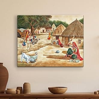 ArtX Paper Indian Village Scenery Painting Vastu Nature Wall Art, Wall Decor For Living Room, Multicolor, Nature, 58.0 X 45.0 cm, Set of 1