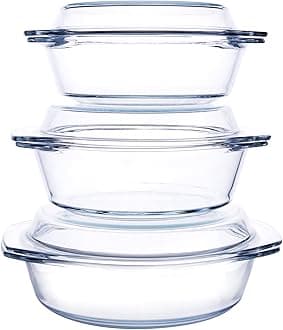 Set of 6 Pieces Round Tempered Glass Casserole Dish with Lids, Glass Casserole Baking Dish Set for Oven, Freezer and Dishwasher Safe - 1QT+1.5QT+1.8QT