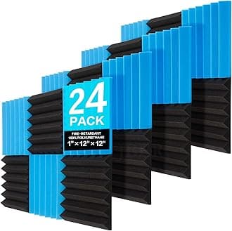 JBER 24 Pack Blue and Charcoal Acoustic Panels Studio Foam Wedges Fireproof Soundproof Padding Black Wall Panels 2" X 12" X 12"