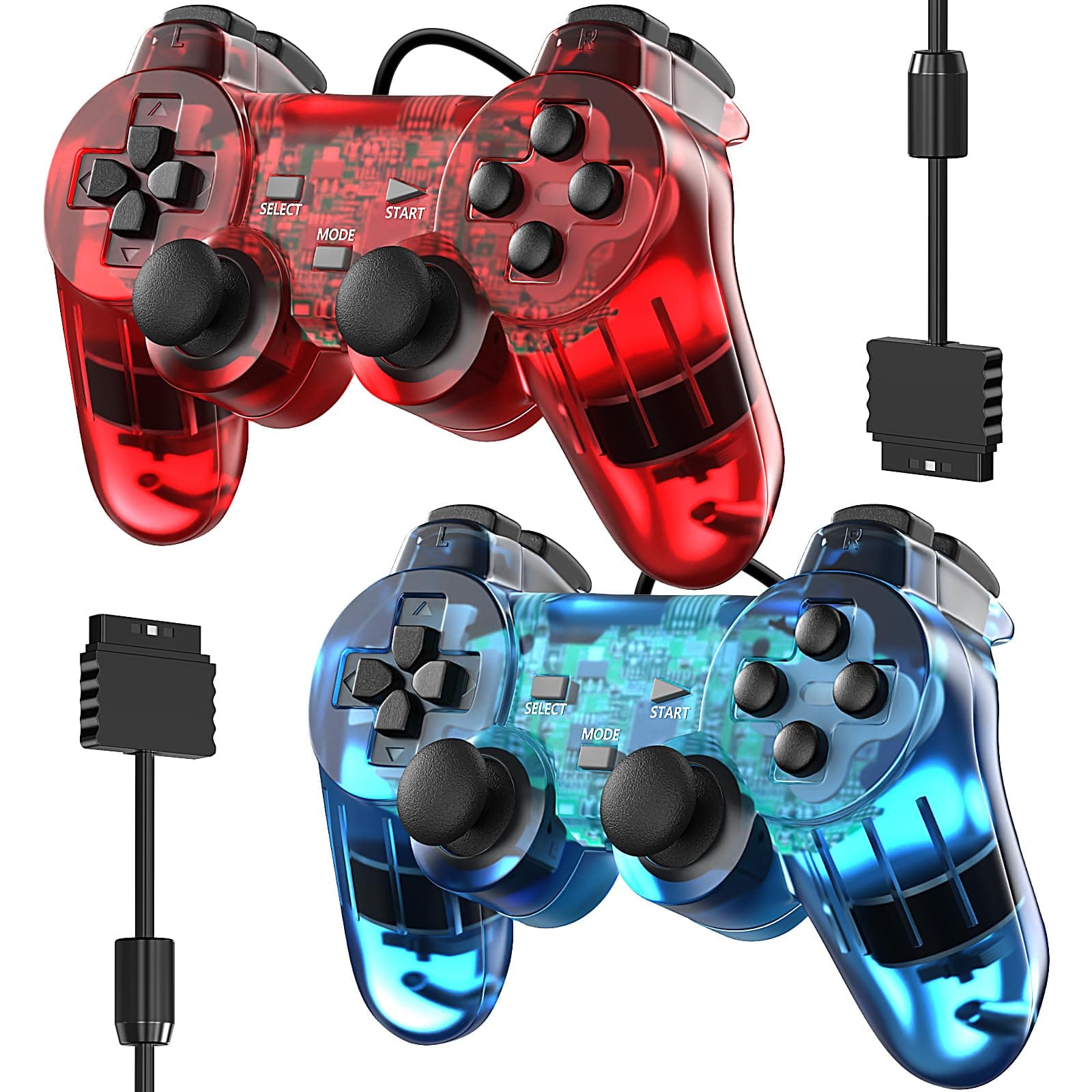 Zeion Wired Controller for PS2 Double Shock, 2 Pack Gamepad Remote Compatible with Play station 2 (Clear Red and Clear Blue)