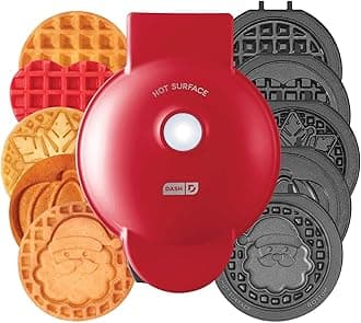 Dash Holiday MultiMaker Mini System - Includes Seasonal Snowflake, Pumpkin, Heart, Santa, and Classic Waffle Plates - Red, Six 4-Inch Removable Plates