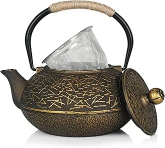 Ufine Pine Needle Cast Iron Teapot with Stainless Steel Infuser, Stovetop Cast Iron Tea Kettle Japanese Tetsubin, Enameled Interior (28oz, Bronze)