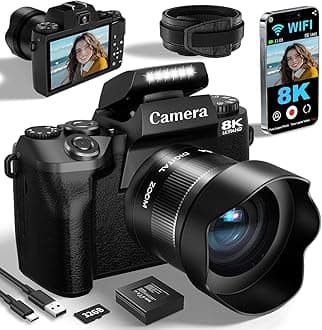 8K Digital Cameras for Photography, WiFi 64MP Professional Camera with Dual Lens, 4" Touch Screen, Autofocus ，16X Digital Zoom, 3000mAh Batteries, 32GB Card, Black