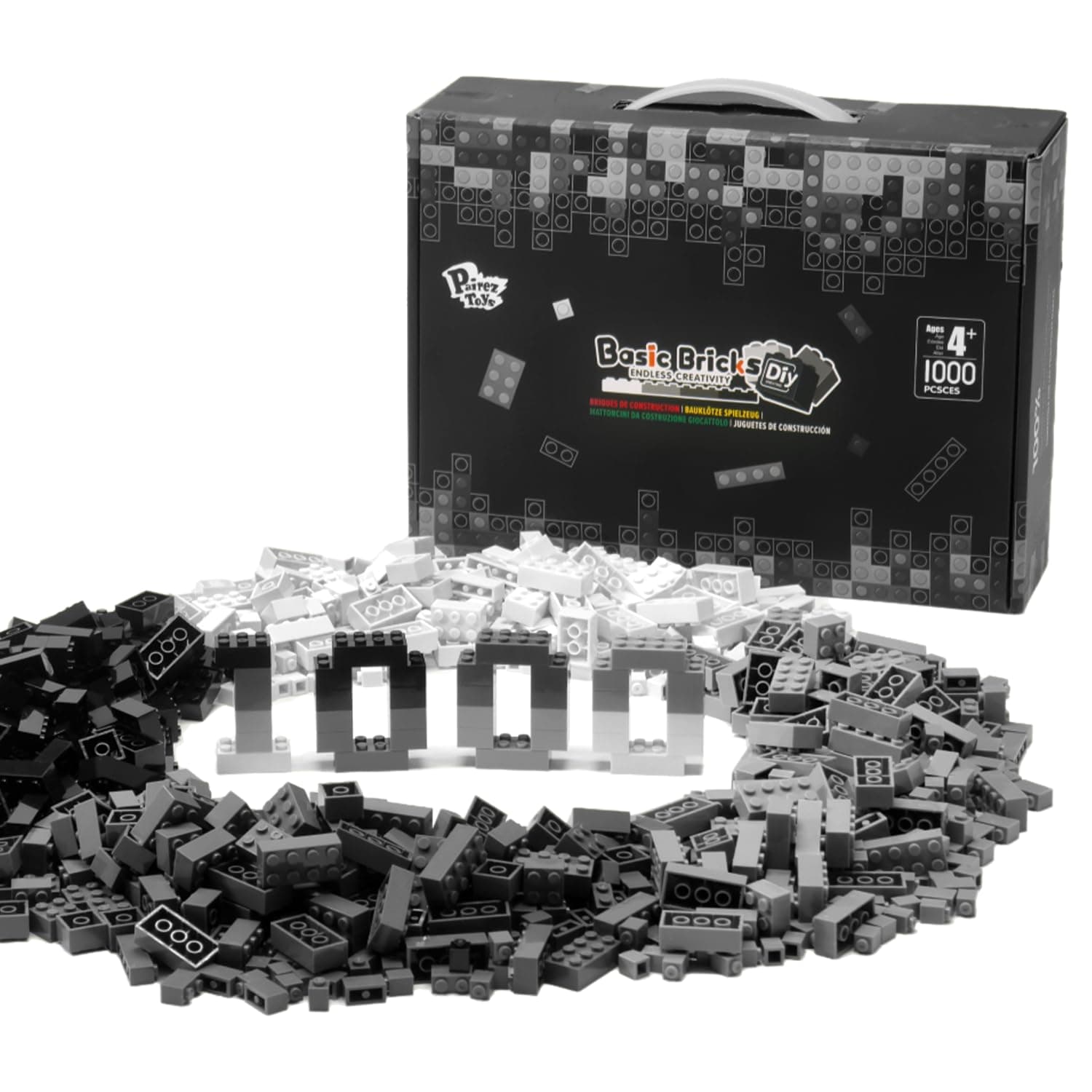 Pairez Toys 1000 Piece Blocks for Building, Classic Bulk 2x4 Basics Bricks Building Set, Compatible with All Major Brands, STEM Building Toys for Kids Ages 4 5 6 7 8 (Black & Gray & White)