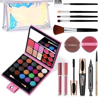 Makeup Set for Women Full Kit - 32 Colors Makeup Palette,5pcs Brushes Set, Mascara & Stamp Liquid Eyeliner, Eyebrow Pen, 2pcs Matte Liquid Lipsticks, 2 Powder Puff, 1 Cosmetic Bag Makeup Gift Set
