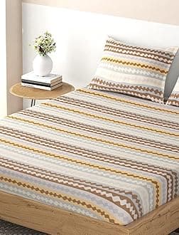 DECOMIZER Cotton Feel Glace Cotton Elastic Fitted All Around Printed Full Length Single Bed Bedsheet With 1 Pillow Cover 300 tc Fits Upto 6 Inches Mattress,Size- 42X75X8 Inches,Brown Lines