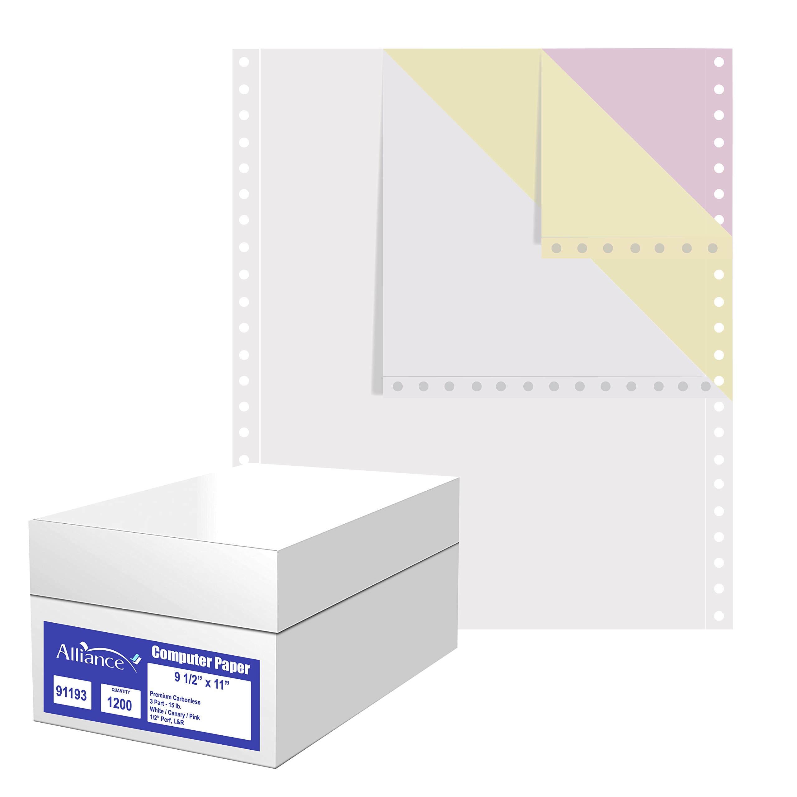 - Alliance Continuous Carbonless Computer Paper 9.5 x 11, Blank Left and Right Perforated, 15 lb, 3-Part White/Canary/Pink (1,200 Sheets) - Made In The USA