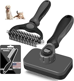 3PCS Self Cleaning Slicker Brush & Pet Grooming Rake & Flea Comb for Dogs,Cats and Horses | Double-Sided Dematting Comb & Skin Friendly Deshedding Grooming Tool | Premium Pet Supplies（Gray)