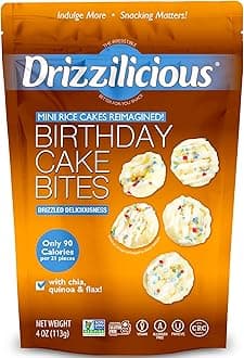 Drizzilicious Mini Flavored Rice Cakes Birthday Cake - Rice Crisps, Healthy Snack for Adults and Kids, Vegan, Gluten Free Snack, Allergen Free, Only 90 Calories Per 21 Pieces - 4 oz (Pack of 1)