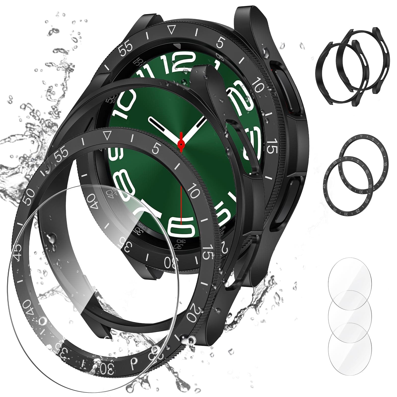 [2+2+3 Pack] 3 in 1 for Samsung Galaxy Watch 6 Classic 47mm Screen Protector and Case,3 Pack HD Anti-Fog Tempered Glass Screen Protector + 2 Pack Hard PC Bumper Case + 2 Pack Bezel Ring Cover