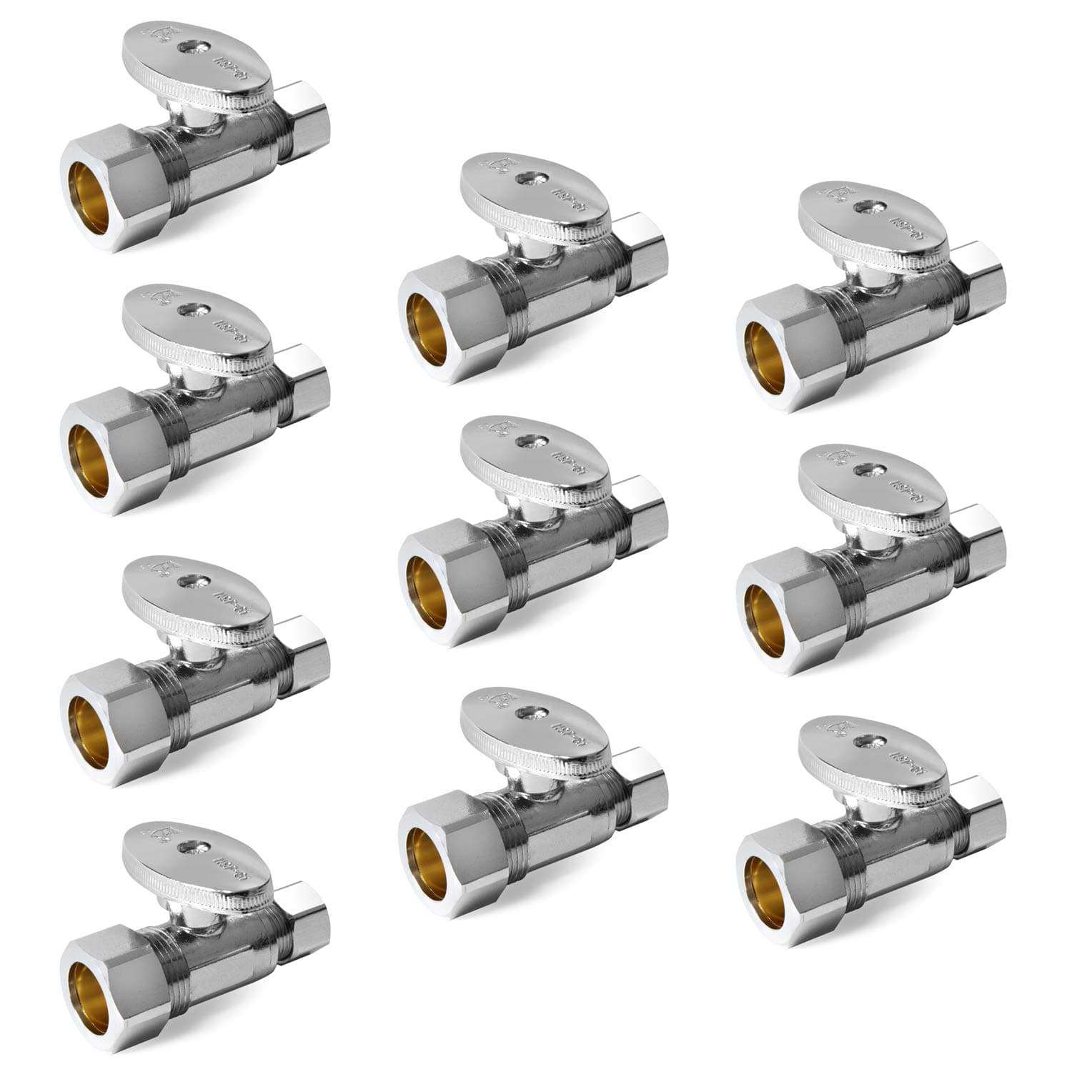 10-Pack EFIELD Straight Stop Valve 1/2" Nominal (5/8" OD) Compression x 3/8" OD, 1/4-Turn, Chrome Plated Brass,(VALVE122)