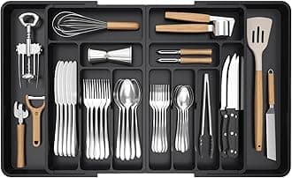 Lifewit Silverware Drawer Organizer, Expandable BPA Free Plastic Utensil Tray for Kitchen, Adjustable Flatware Cutlery Holder for Spoons Forks Knives, 21.3- 36 x 16.9", Black