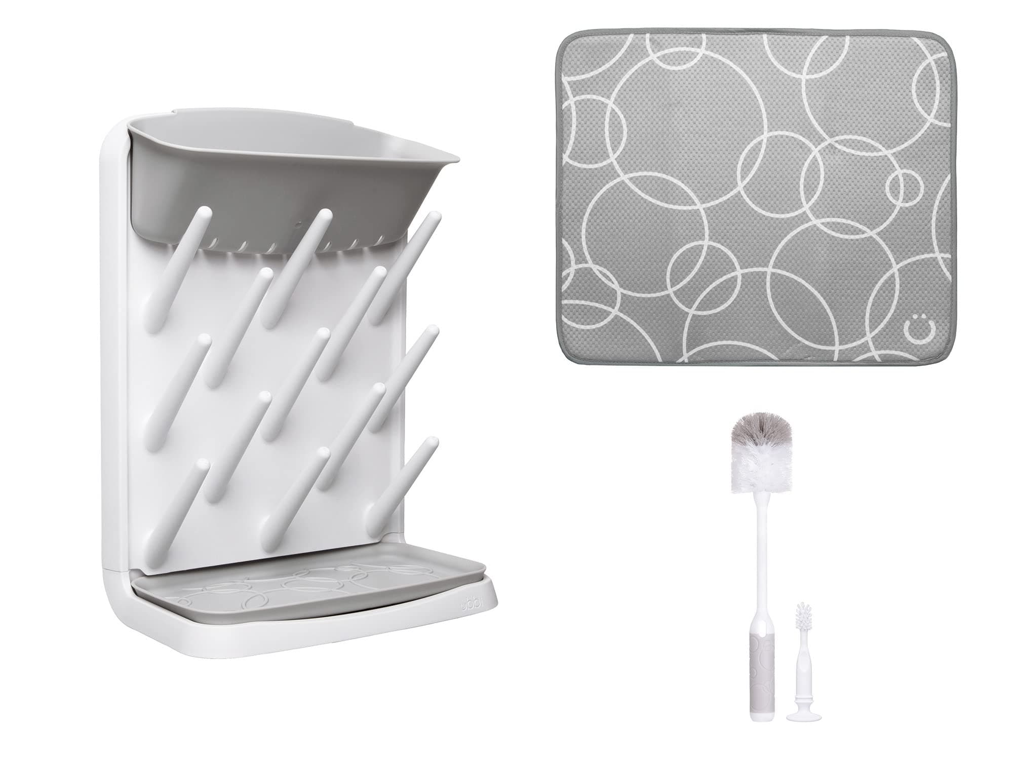 Ubbi Vertical Spacing Saving Bottle Drying Rack with 13 Pegs, 2-in-1 Bottle Brush & Microfiber Drying Mat Bundle, Newborn Baby Essentials, Baby Registry Must Haves, New Parent Gifts, Gray