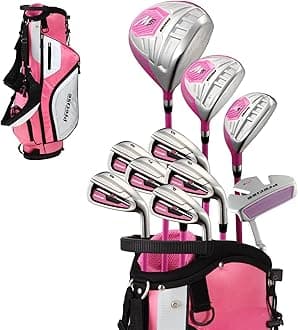 PreciseGolf Co. Precise M5 Ladies Golf Club Set Complete Right Handed Including Titanium Driver, S.S. Fairway, S.S. Hybrid, S.S. 5-Pw Iron, Putter, Stand Bag, 3H/C'S Pink