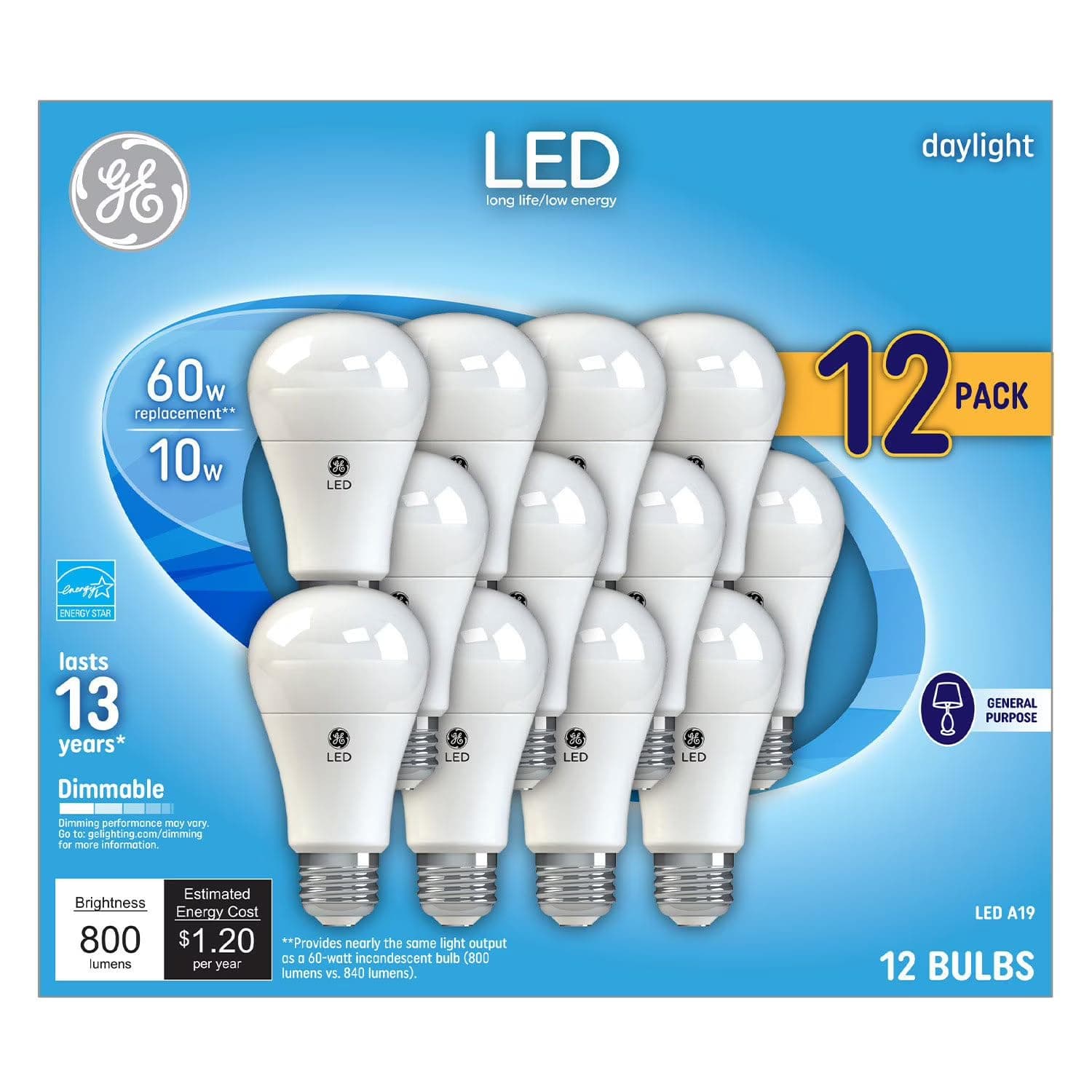 GE Daylight LED 60W Equivalent General Purpose A19 Light Bulbs (12 Pack)