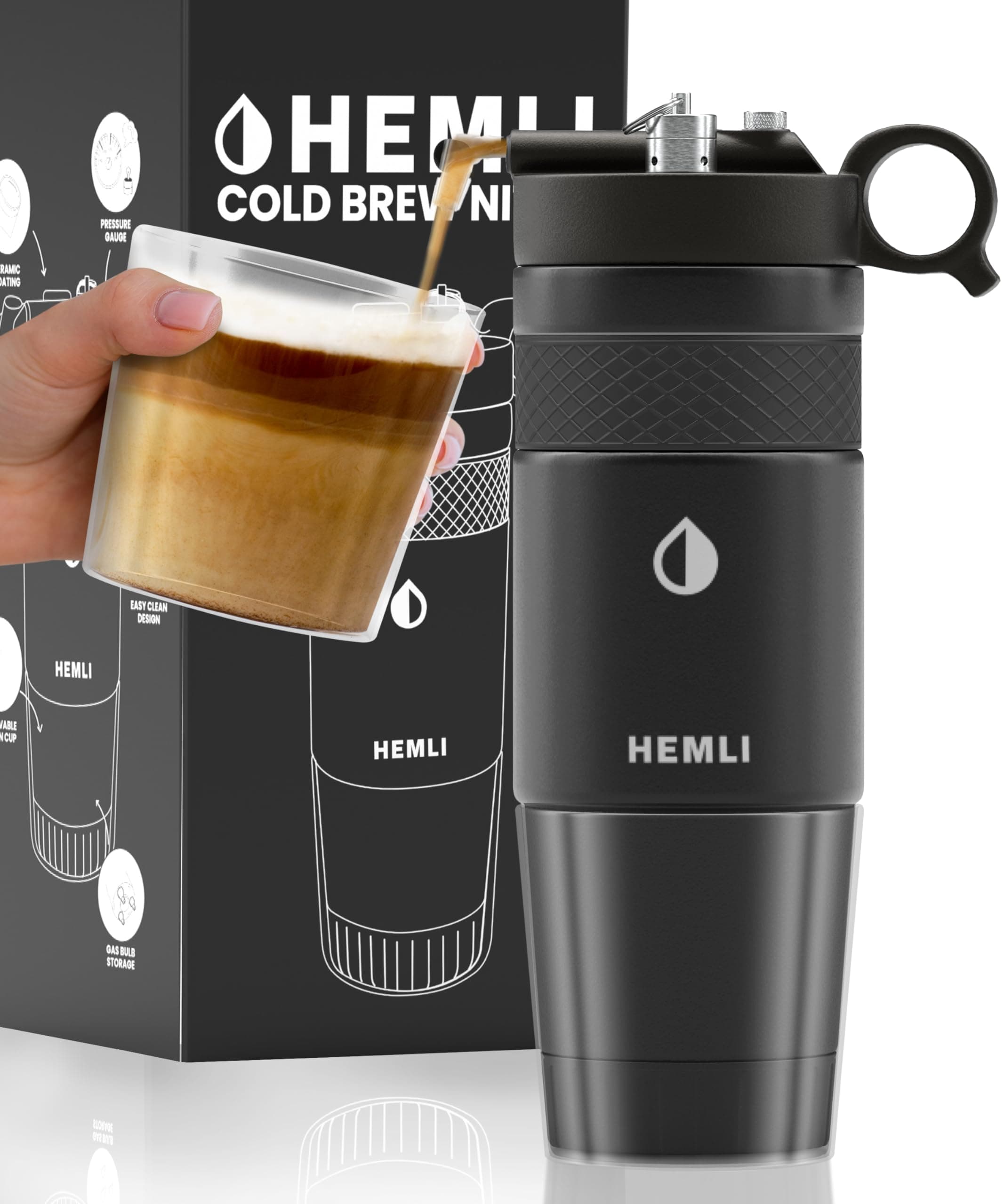 Nitro Cold Brew Coffee Maker 12 oz Ceramic-Lined, Tritan Cup, Pressure Gauge, Stores 3 Nitrogen Gas Bulbs Custom Designed for Cold Brew and Nitro Drinks