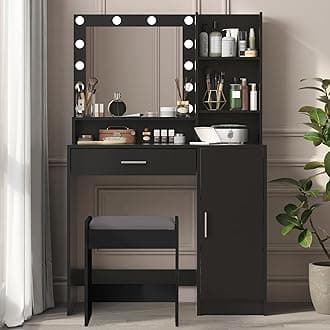 Palimder Vanity Desk with Mirror & Light, Large Drawer & Three Level Storage Dresser, 3 Lighting Modes Adjustable Brightness, Bedroom Dressing Table (Black with Stool)