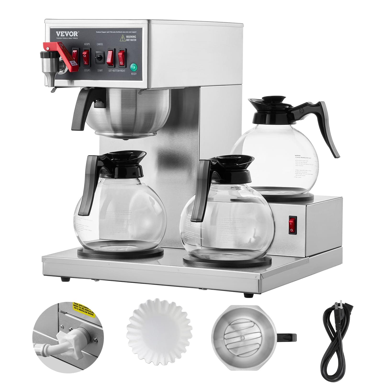 12 Cups Commercial Drip Coffee Maker, Coffee Maker Machine with 3 Glass Carafes and 3 Warmer Plates, Stainless Steel Pour Over Coffee Brewer with Auto Water Intake, for Restaurant Office Cafe