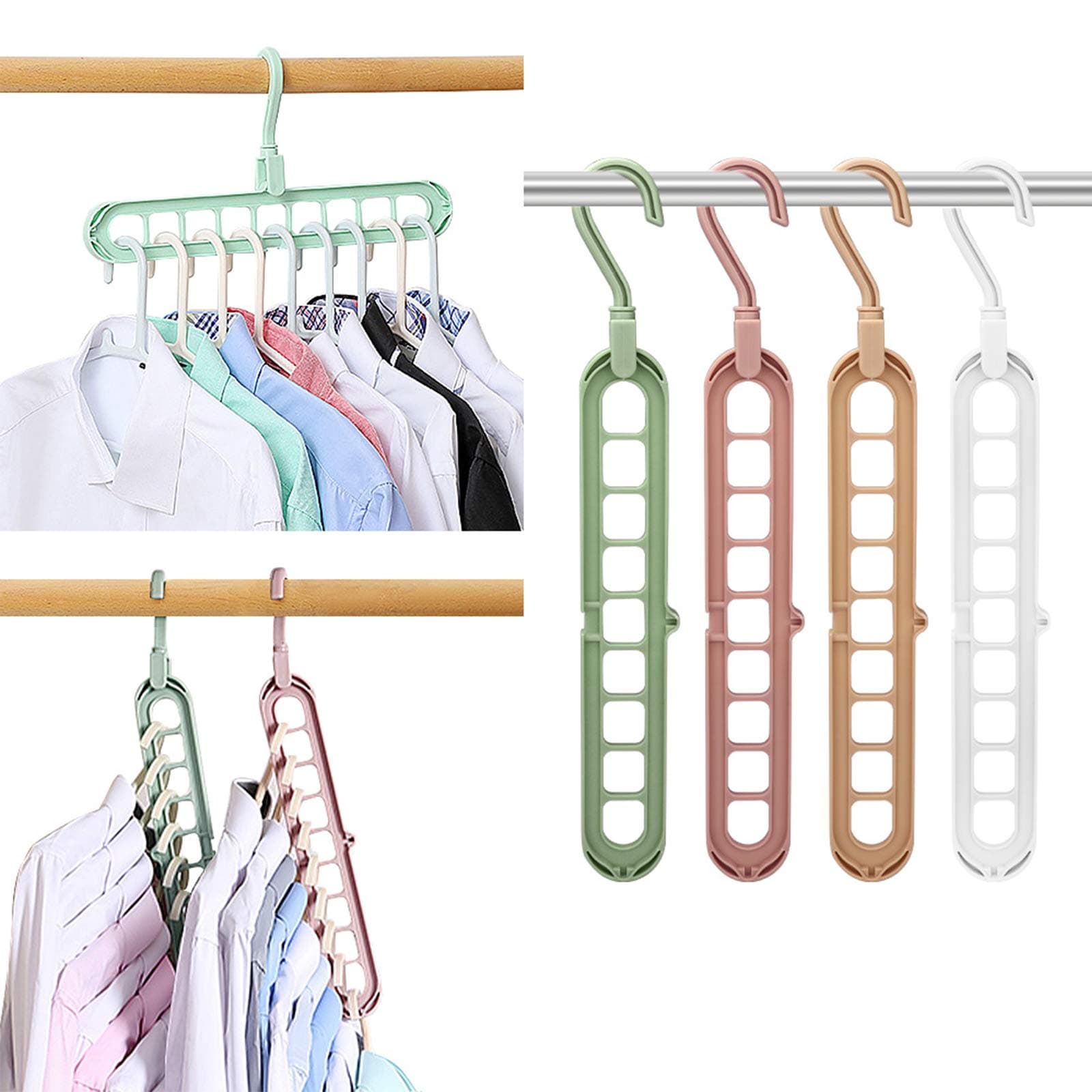 Space Saving Cascading Clothes Hangers, 4 Pack, Polypropylene, Heavy Duty, White, Pink, Light Gray, Green