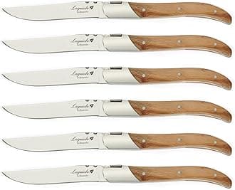 Flying Colors Laguiole Steak Knife Set. Stainless Steel, Olive Wood Handle, Gift Box, 6 Pieces