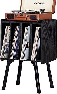 Small Record Player Stand - Width 11.7 in, Black Vinyl Record Storage Table with 4 Cabinet Up to 80 Albums, Vinyl Holder with Wood Legs,Turntable Stand Display Shelf for Bedroom Living Room