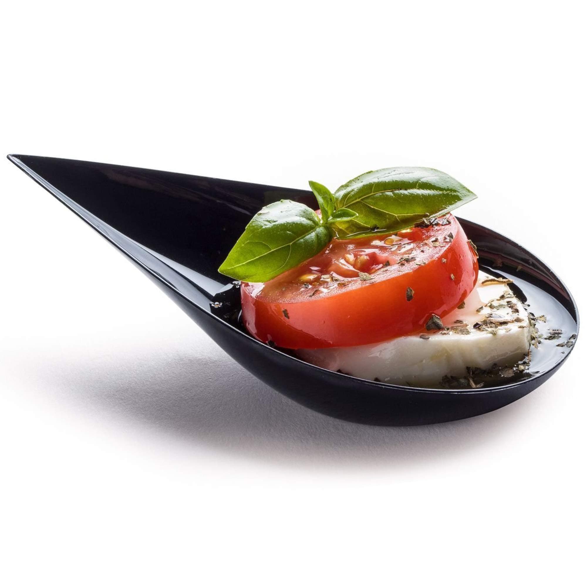 100 4-in Tear Drop Mini Appetizer Plates, Black Plastic Spoons - Desserts and Appetizers Dishes Serving Plate - Asian Spoon Set, Small Catering Dessert Tasting Cups - with Recipe Ebook