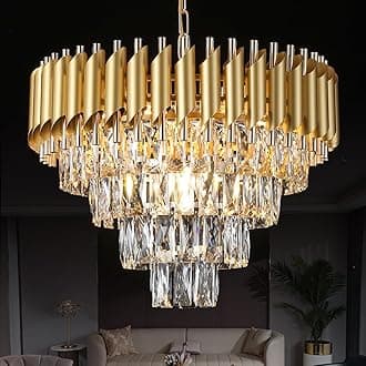 9-Light K9 Gold Modern Crystal Chandelier 4-Tier 20" Round Light Fixture Ceiling Pendant Chandelier Lighting Contemporary for Dining Room Entryway Bedroom Foyer, E12 Base
