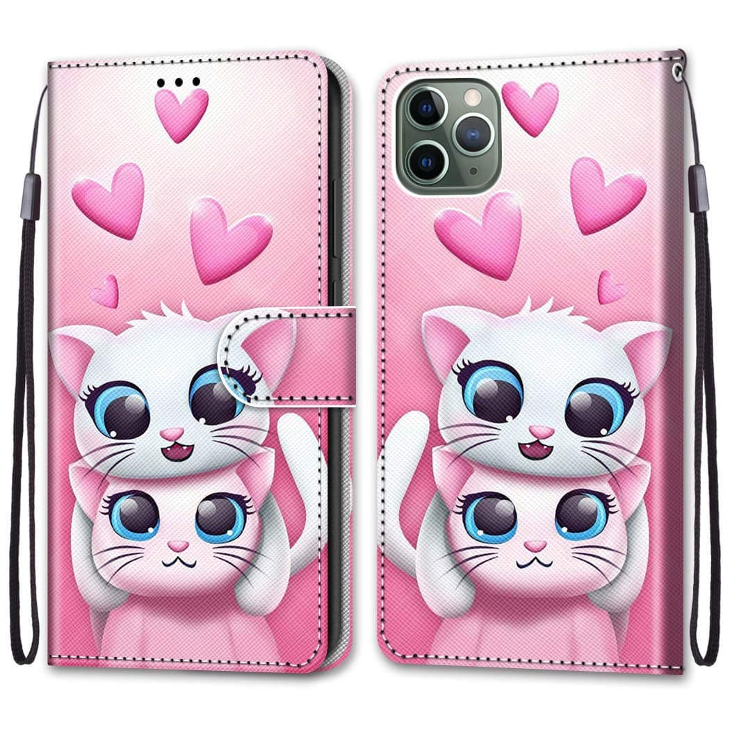 Magnetic Flip Case for [iPhone 11 Pro Max] (6.5-inch), MerKuyom Shockproof [Wrist Strap] Kickstand PU Leather Pouch Sleeve Holster Skin Cover Case (for Apple iPhone 11 PRO MAX, Happy Hearts Cats)
