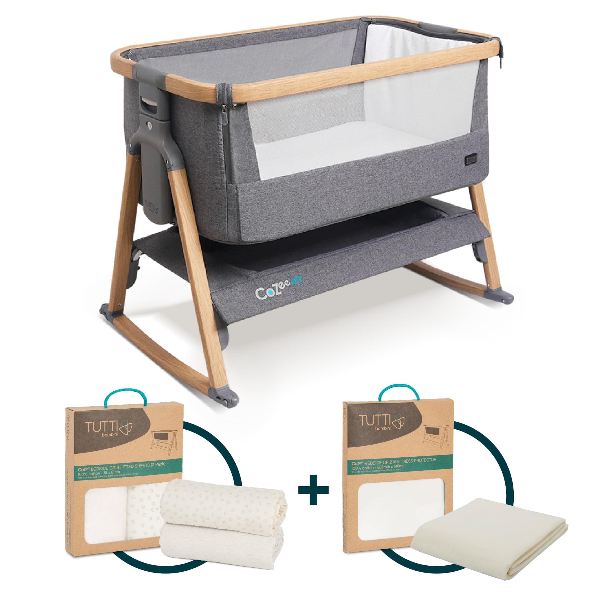 CoZee® Air Crib Bundle - Bedside Crib with 2 Crib Sheets, Mattress Protector, and Mattress Included - Grey/Cloud sheets, Waterproof Protector