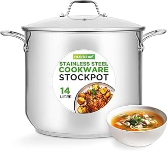 NutriChef Large Stainless Steel Stock Pot with Lid - Big Soup Pot, Heavy Cooking Pot with Glass Lid - Stew Pot, Cookware Induction Pot, Mirror Finish Stockpot, Deep Casserole Pot, 15-Qt/14.2 Litre