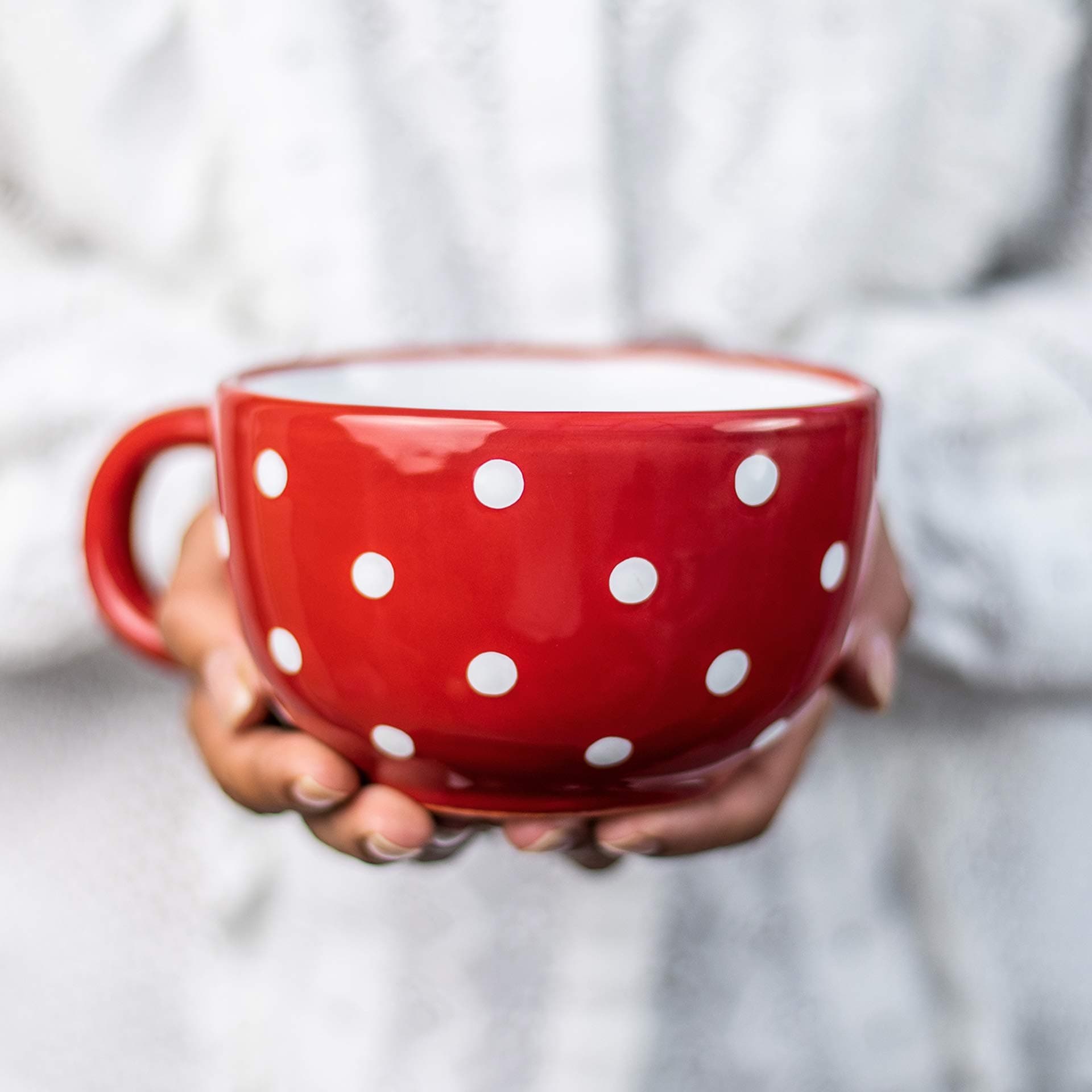 Handmade Ceramic Designer Red and White Polka Dot Cup, Unique Extra Large 17.5oz/500ml Pottery Cappuccino, Coffee, Tea, Soup Mug | Housewarming for Tea Lovers