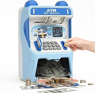 Rabbit ATM Piggy Bank for Girls with Automatic Bill Roller, Electronic Coin Bank with Simulated Card Slot & Facial Recognition, ATM Money Saving Box with Music Function for Kids(Blue)