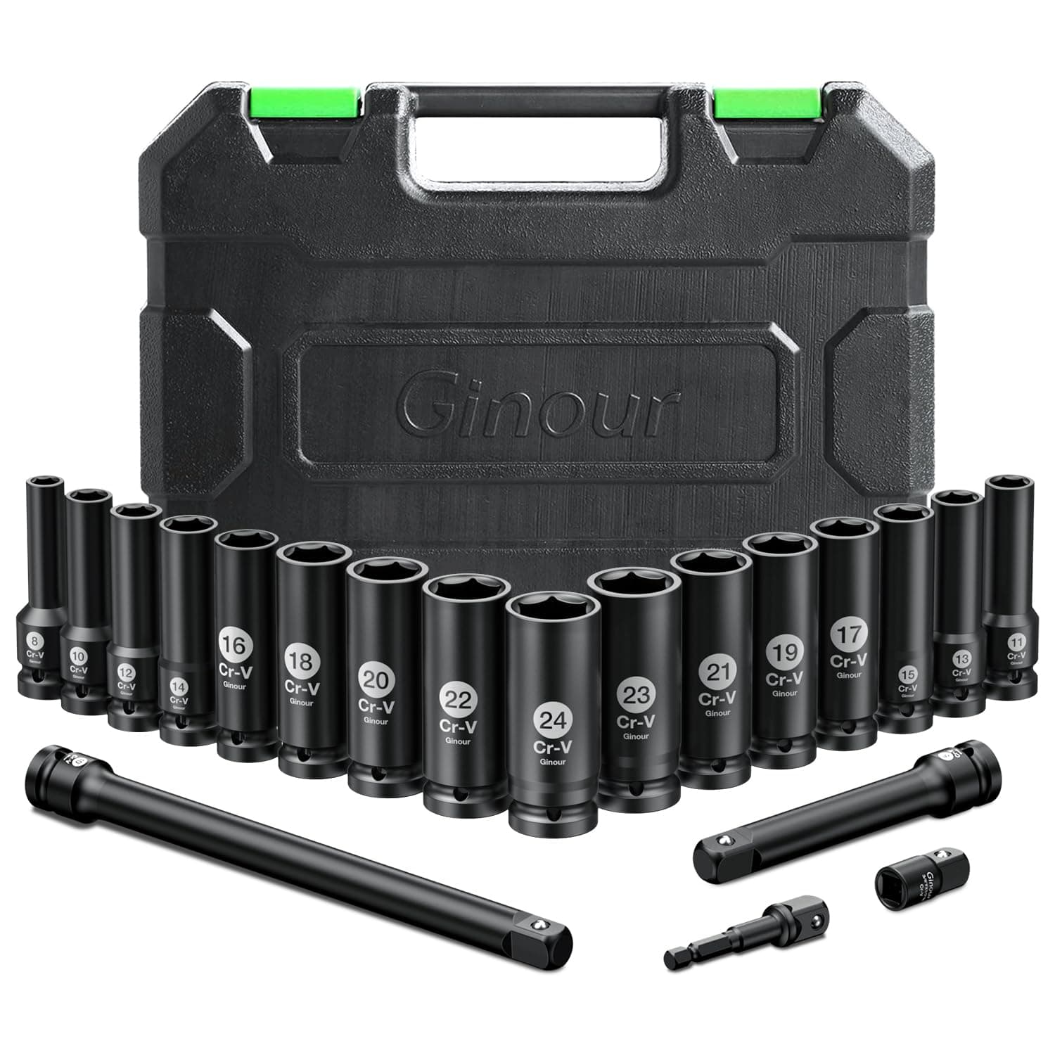 Ginour 20PCs Impact Socket Set 1/2 Inch, CR-V Drive Master Deep Impact Socket Set 8mm - 24mm, Metric, 6 Point, with 3pcs Drive Impact Extension Bar Set 3", 5",10"
