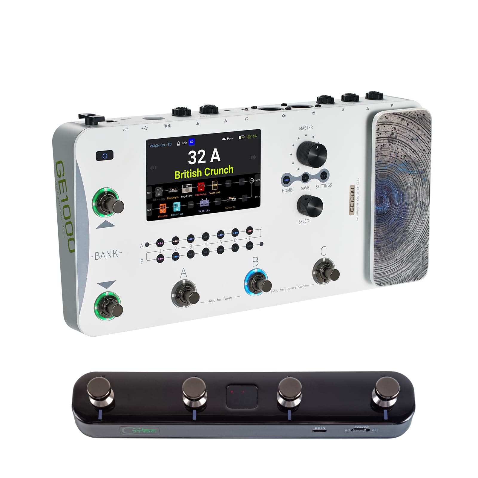 GE1000 White Processional Guitar Processor Flexible I/O routing options MIDI IN and OUT, F4 Wireless Controller, Bluetooth Audio Playback, USB OTG Recording, USB MIDI Function