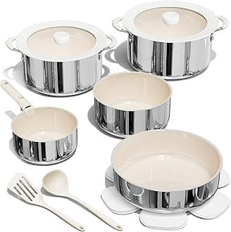 CAROTE 14pcs Pots and Pans Set Non Stick, Ceramic/Stainless Steel Cookware Set with Detachable Handle, Induction Cooking Sets, Dishwasher/Oven Safe, RV Kitchen, Cream White