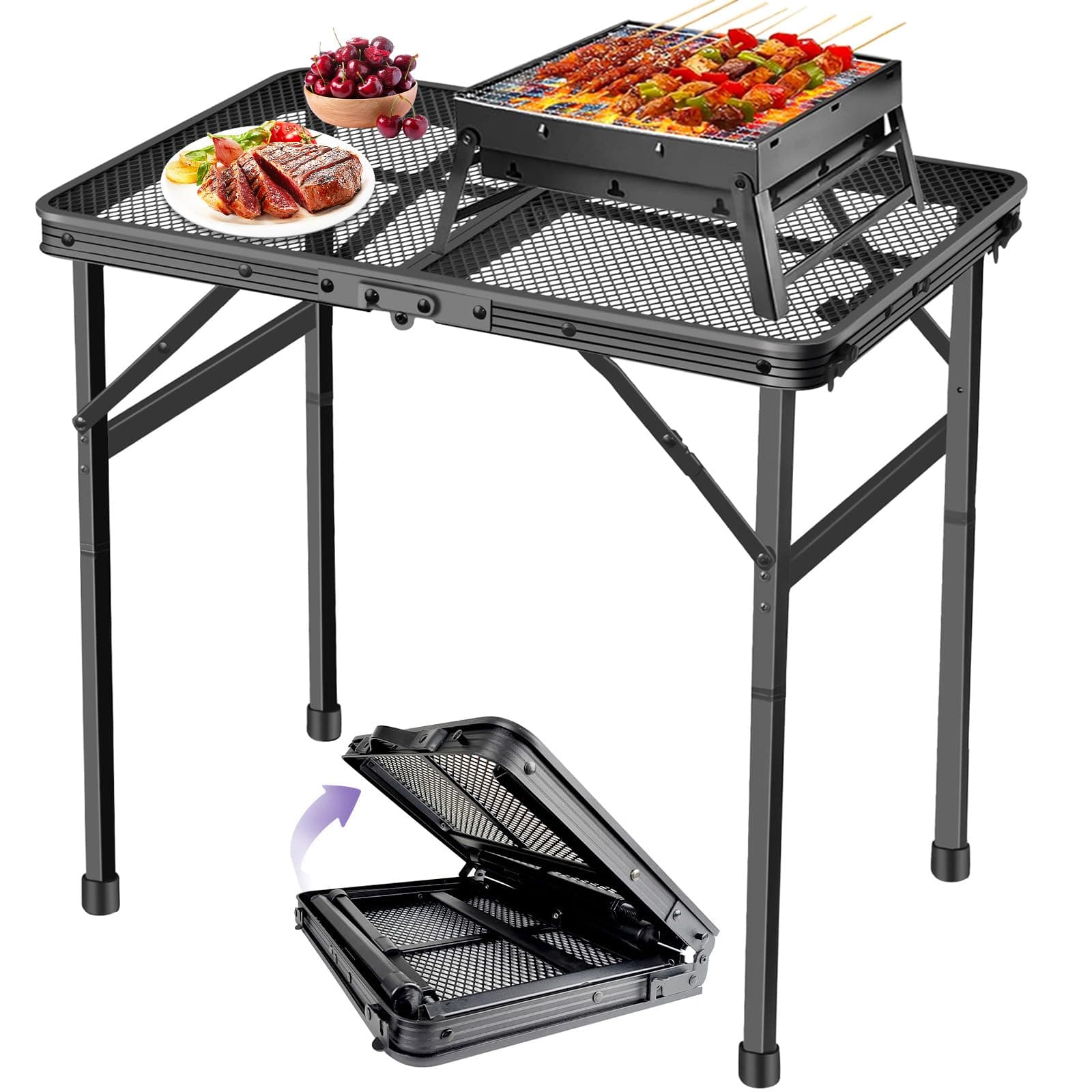 Camping Table Folding Grill Table, Small Foldable Table Height Adjustable, Portable Metal Picnic Table for Outdoor, Black, 2x1.3FT