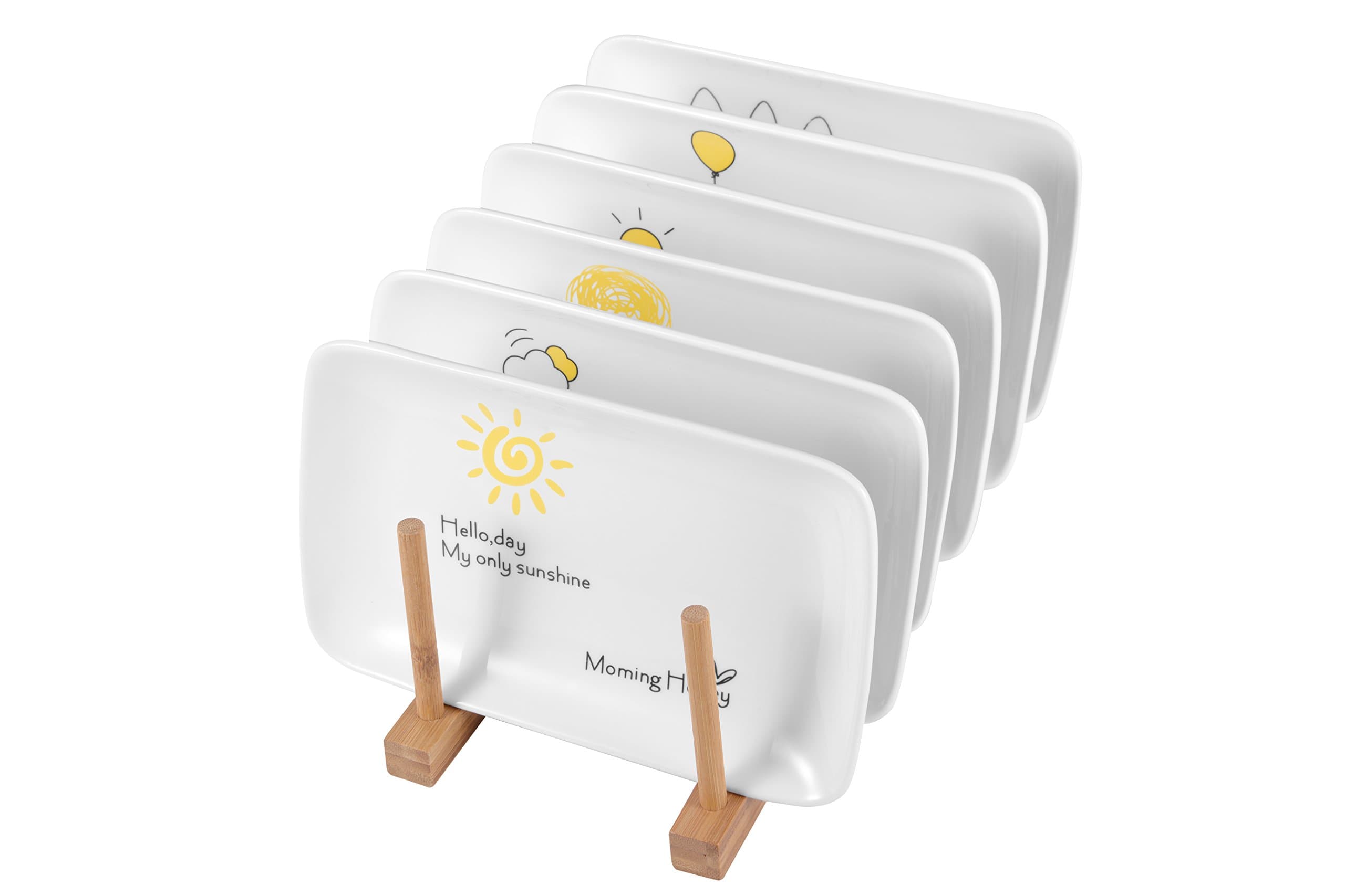 6 Pieces Porcelain Rectangle Dinner Plate Set Breakfast Plates Set Ceramic Plates Set 8 inch White with Different Yellow Warm Lovely Patterns and Characters - A Perfect Gift For Christmas 20.5*12.5cm (Sunny)