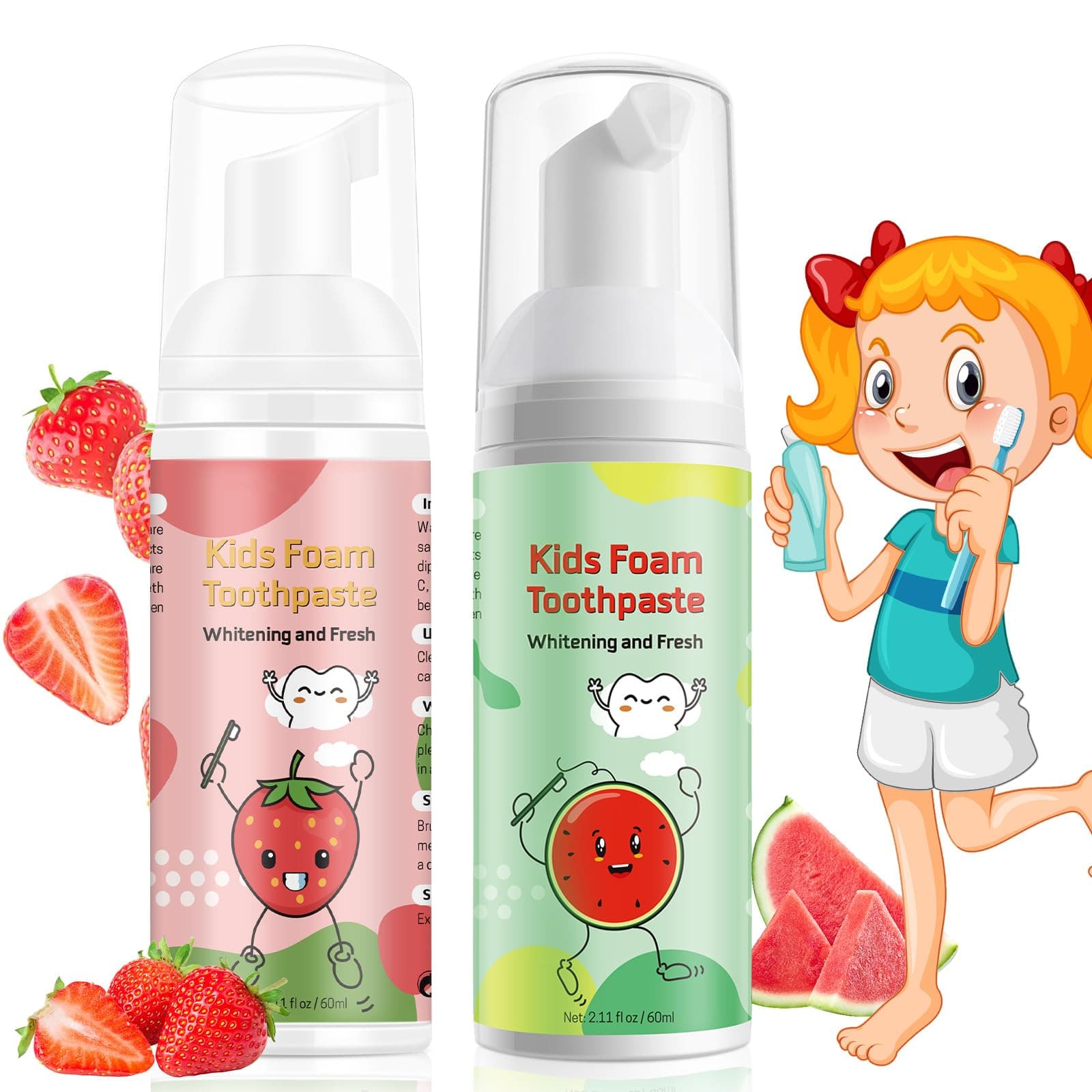 Foam Toothpaste Kids, Toddler Toothpaste with Low Fluoride, Kids Toothpaste for U Shaped & Electric Toothbrush, Foam Toothpaste for Children Ages 3 Plus (2PCS, Watermelon+Strawberry)