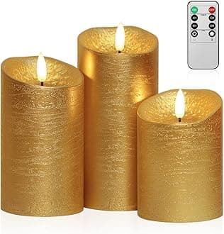 ANGELLOONG Gold Flameless Candles with Remote, Real Wax Battery Operated Electir LED Pillar Candles with Timer for Valentines Wedding Party Home Decor Halloween Christmas, Set of 3