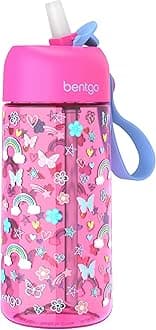 Bentgo® Kids Water Bottle - New & Improved 2023 Leak-Proof, BPA-Free 15 oz. Cup for Toddlers & Children - Flip-Up Safe-Sip Straw for School, Sports, Daycare, Camp & More (Rainbows & Butterflies)