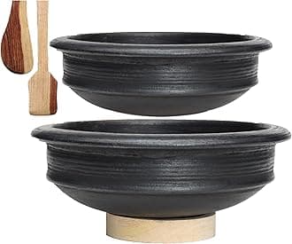 Craftsman India Online Deep Burned Uncoated Clay Pot/Earthen/Mud/Mitti Handi for Cooking and serving Combo 1 & 2 Liter | Black