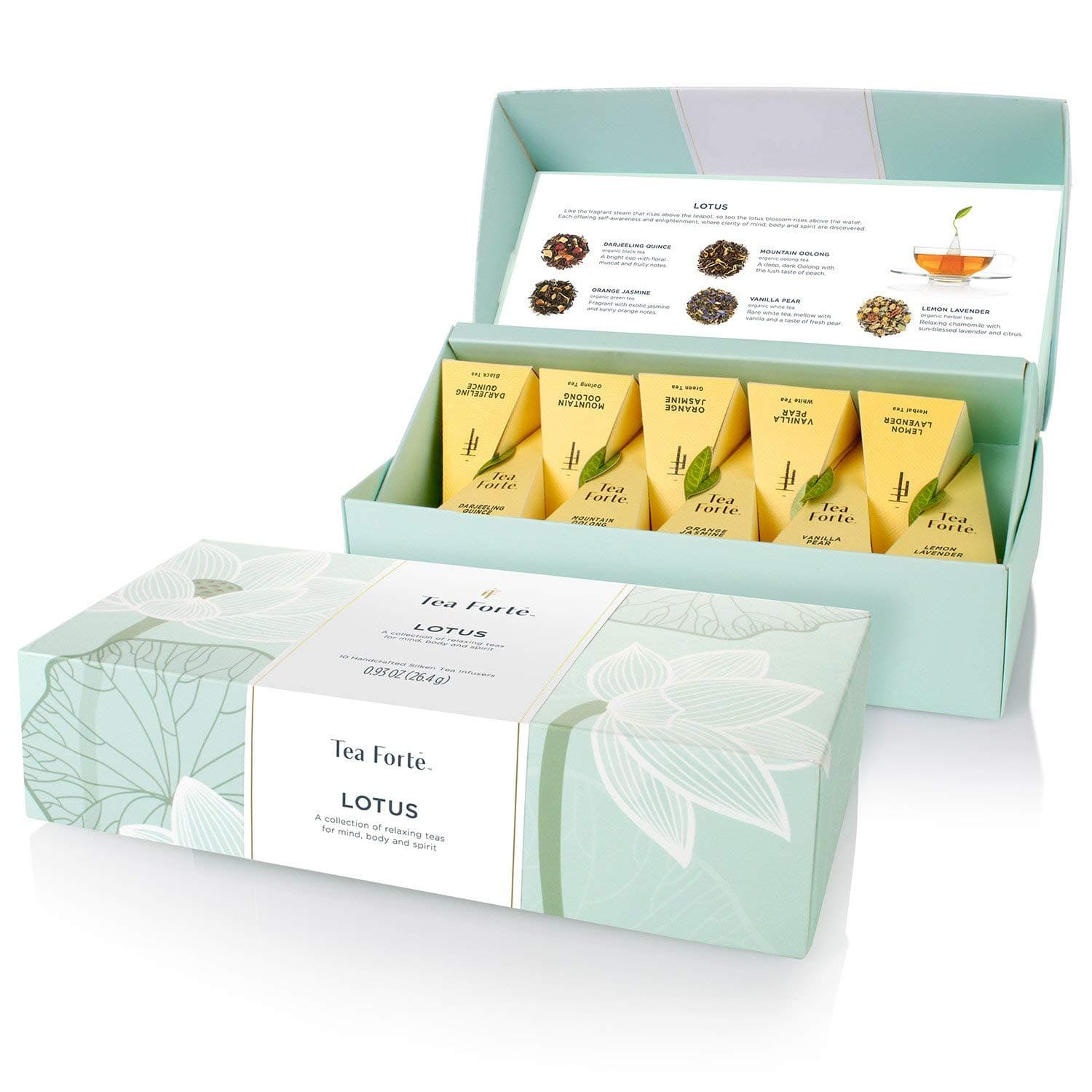 Tea Forte Premium Petite Presentation Box Gift Set Sampler, 10 Count, 2 of Each Blend Individually Wrapped Handcrafted Pyramid Infuser Bags, Lotus Tea