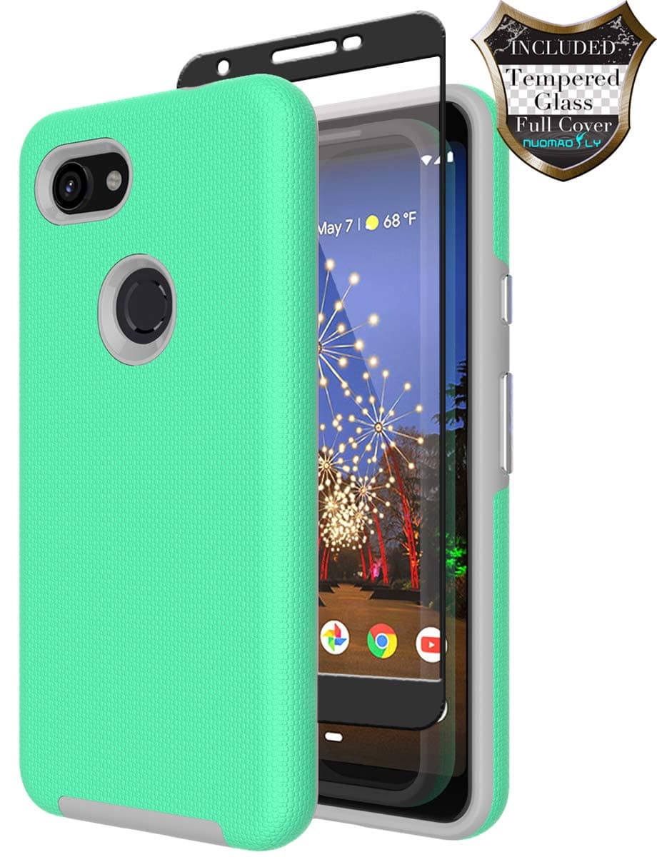 Google Pixel 3a Case with [Tempered Glass Screen Protector] Nuomaofly Anti-Slip Hard Silicone Textured Shell Back Cover with Armor Durable Protection for Google Pixel 3a (Mint)