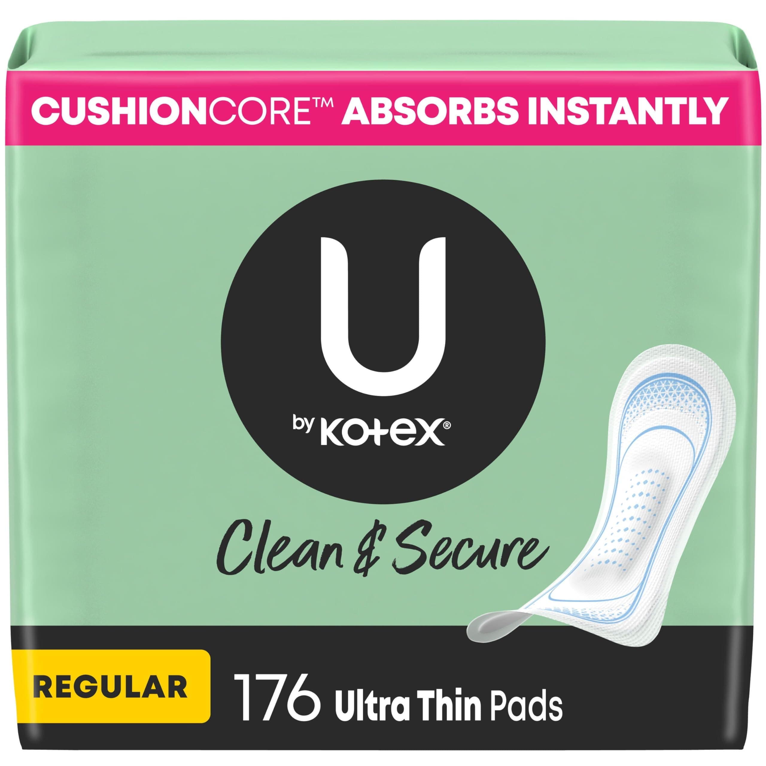 Clean & Secure Ultra Thin Pads, Regular Absorbency, 176 Count (4 Packs of 44) (Packaging May Vary)