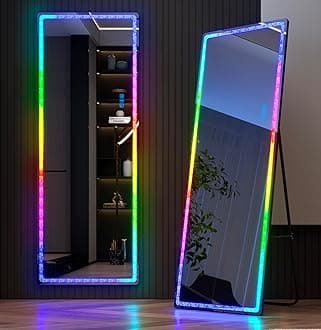 Vlsrka Full Length Mirror with RGB Lights, 63x20 Full Body Lighted Mirror with Crushed Diamond, Free Standing Floor LED Mirror, Wall Mounted Mirror, 7 Color Dimmable & 7 Color Speed Adjustable (Black)