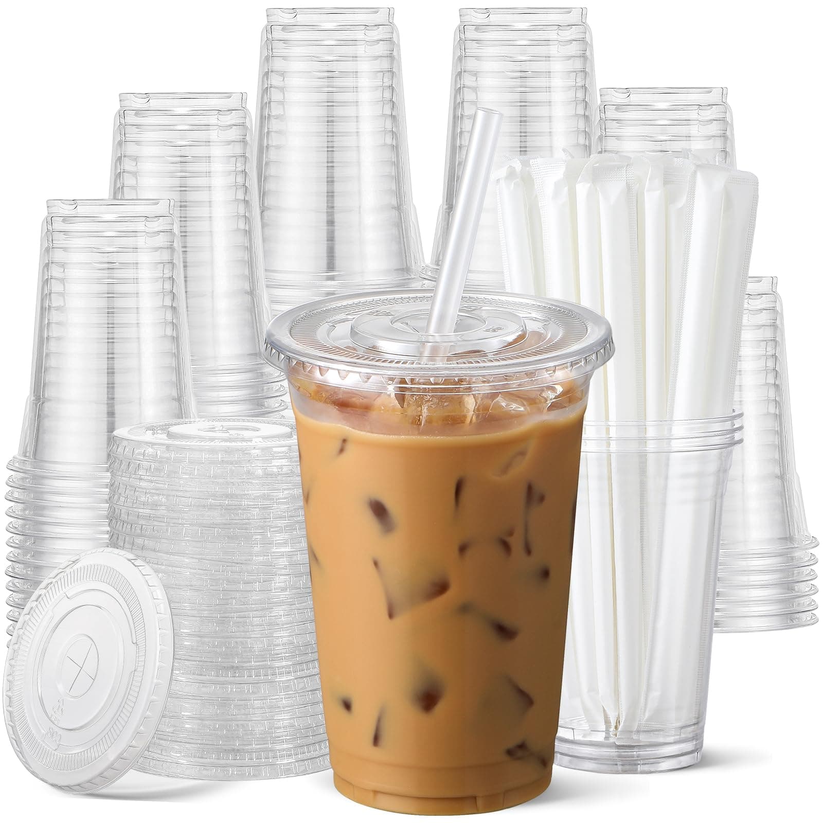100 Pack - 24 oz Clear Plastic Cups with Lids and Straws, Food Safe Disposable Iced Coffee Cups for Cold Beverages, Smoothies, Iced Coffee, Leak-Proof, BPA-Free